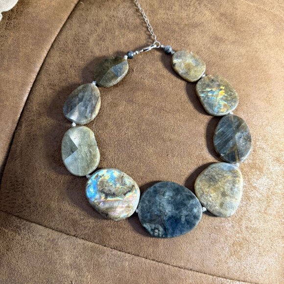 Chunky Labradorite Statement Necklace Polished Iridescent Stone Jewelry Boho 925 - Picture 2 of 16